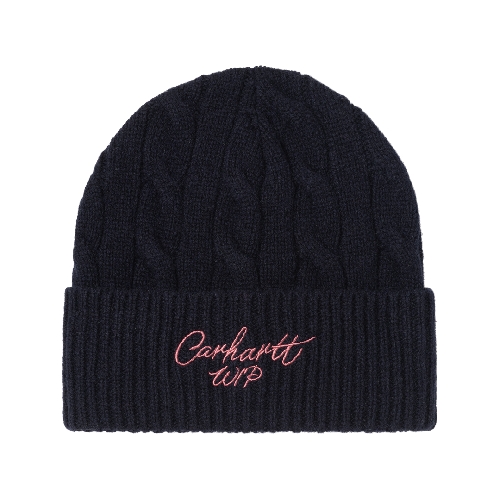 CARHARTT WIP SIGNATURE CABLE BEANIE Deep Night Glassy Pink